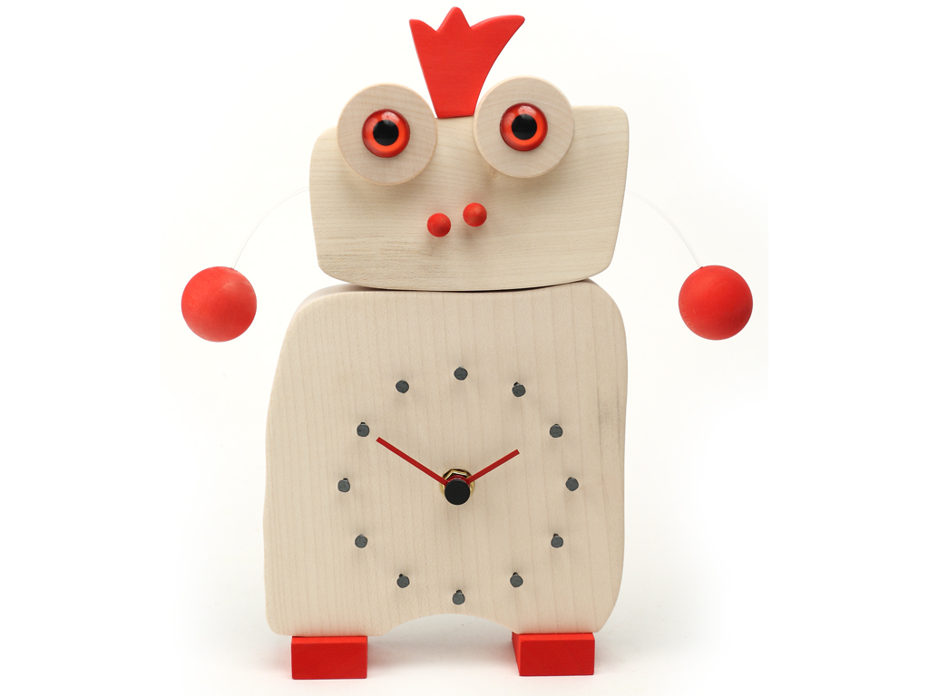 Oltre a segnare le ore su 12 chiodi, l'orologio è un oggetto artistico e simpatico. Da tavolo o da parete la Reginetta può stare ovunque, non solo camerette. In legno massello EU di acero bianco con coroncina e accessori tinti di rosso.