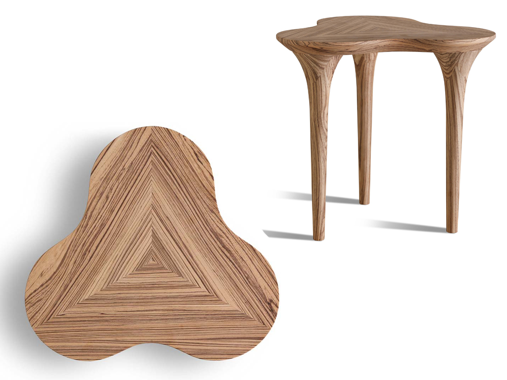 Morelato. Sgabello Trifoglio - design Massimiliano Caviasca. Realizzata in legno di zebrato o in frassino massello. Gambe tornite in entrambe le versioni.