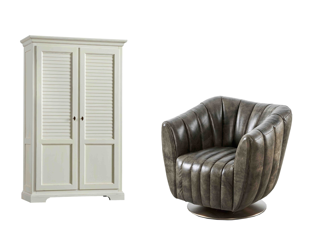 Dialma Brown. Armadio (BD0037) a due ante con lavorazione “persiana” in legno bianco. Prezzo al pubblico € 3.360 - Poltrona (DB003976) con struttura in metallo e rivestimento in pelle color grigio champagne. Prezzo al pubblico: € 2.150.