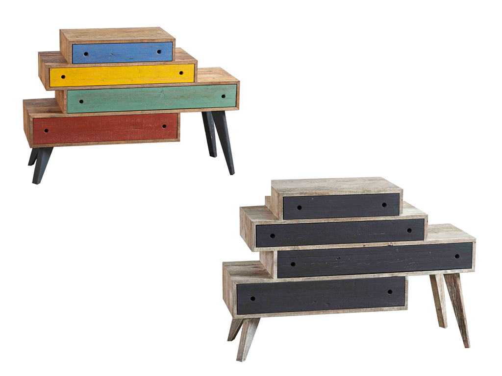 Dialma Brown. Cassettiera (DB004000 e DB004001) realizzata in legno vecchio di pino e disponibile in due versioni: con cassetti neri e cassetti multicolor. Prezzo al pubblico per entrambe : € 2.970.