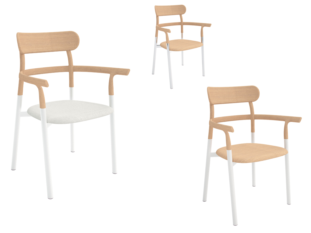 Alias. Sedie Twig1 Comfort, progettate dallo Studio Nendo, guidato dal designer giapponese Oki Sato. Twig, ha gambe inclinate in alluminio con cinque varianti di sedute: in legno massello di frassino o materiale plastico.