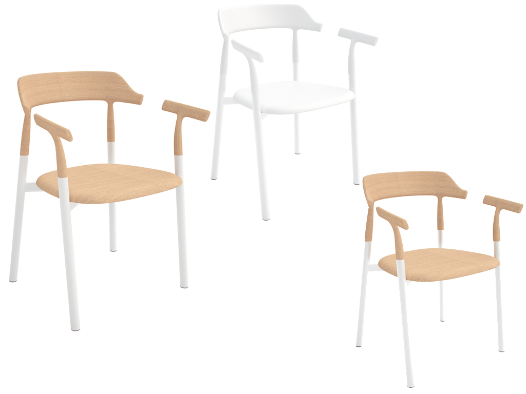 Alias. Sedie Twig3 Comfort, progettate dallo Studio Nendo, guidato dal designer giapponese Oki Sato. Twig, ha gambe inclinate in alluminio con cinque varianti di sedute: in legno massello di frassino o materiale plastico.