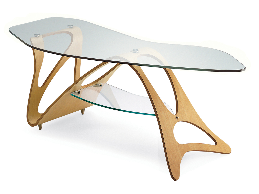 Zanotta. Tavolino Arabesco - Omaggio a Carlo Mollino (1949). Struttura in multistrati curvato impiallacciato in rovere naturale. Piani in cristallo temperato.