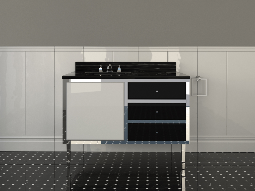 Devon&Devon. Mobile porta lavabo Jazz. Piano e alzata in marmo nero marquinha, in marmo bianco carrara o qualsiasi altro marmo. Struttura in finitura cromo, oro chiaro o nickel lucido (dimensioni 1 anta con cassettiera: cm. 120,2x62,4x98h).