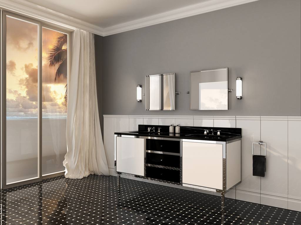 Devon&Devon. Mobile porta lavabo Jazz. Piano e alzata in marmo nero marquinha, in marmo bianco carrara o qualsiasi altro marmo. Struttura in finitura cromo, oro chiaro o nickel lucido (dimensioni 2 ante con cassettiera: cm. 178,2x62,4x98h).