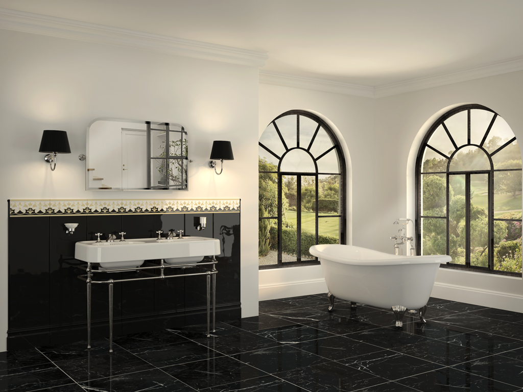 Devon&Devon. Consolle di grandi dimensioni Memphis. Piano in ceramica - bianco o nero - con doppio lavabo. Consolle in finitura cromo e disponibile anche in oro chiaro e nickel lucido (dimensioni: cm. 123,8x55,7x88,3h).