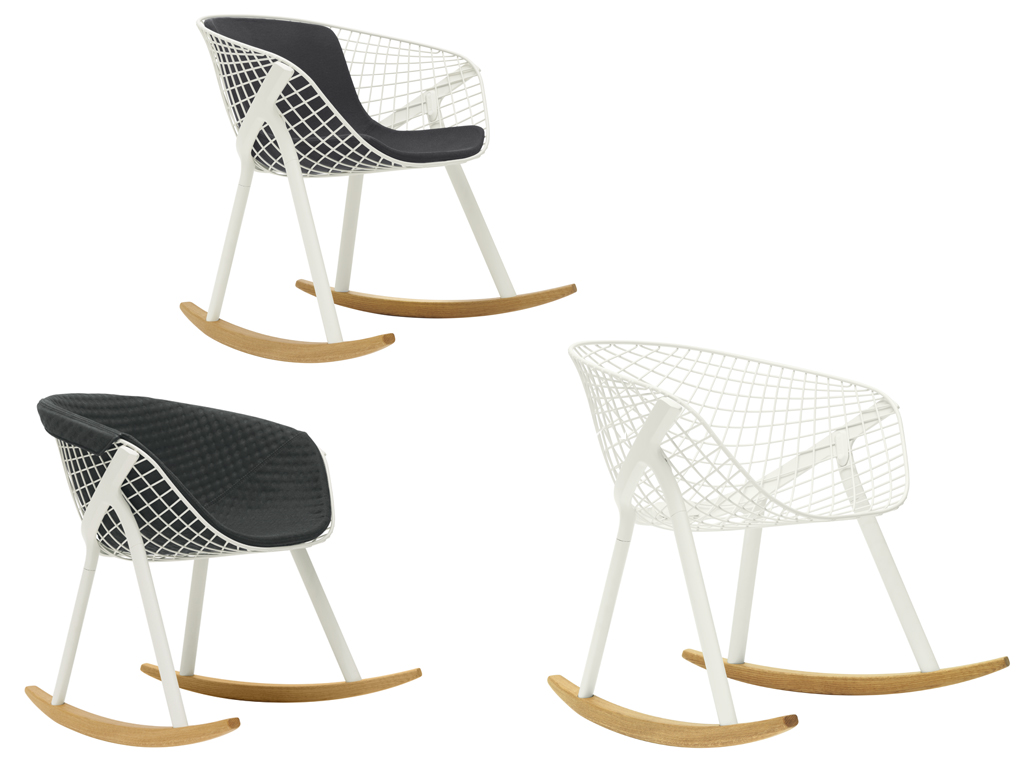 Alias. Kobi Rocking by Patrick Norguet. Sedia con scocca in acciaio verniciato o cromato. Cintura e gambe in alluminio verniciato. Gli scivoli sono in legno massello di rovere verniciato naturale.
