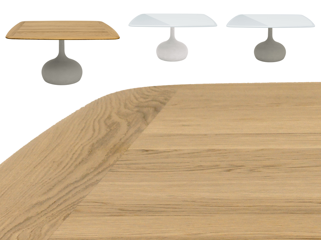 Alias. Saen, design by Gabriele e Oscar Buratti. La base è realizzata in cemento, nei colori bianco e grigio caldo chiaro. Il piano è proposto rotondo o quadrato con spigoli arrotondati, in legno di rovere naturale, vetro verniciato bianco e bisellato e in cemento.