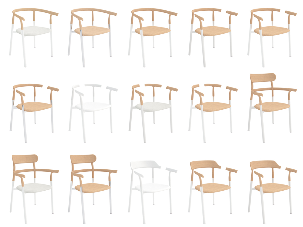 Alias. Sedie Twig, progettate dallo Studio Nendo, guidato dal designer giapponese Oki Sato. Twig, ha gambe inclinate in alluminio con cinque varianti di sedute: in legno massello di frassino o materiale plastico.