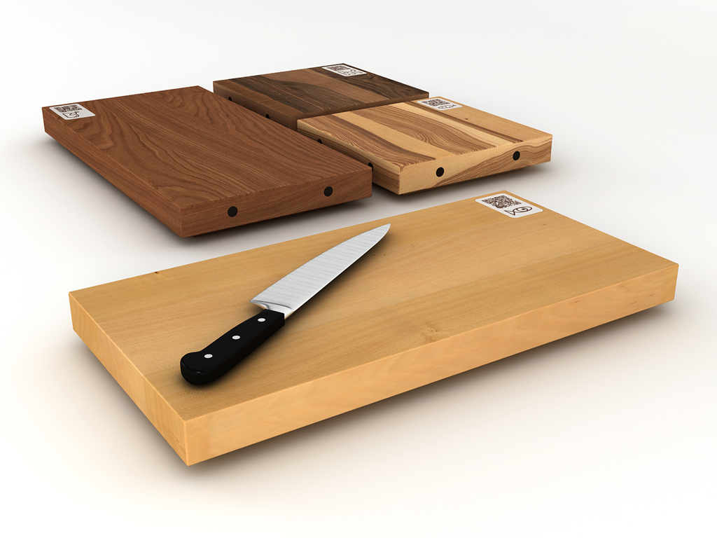 Cut&Connect, della collezione Cook&Connect. Disegnato da Studio Lievito e realizzato da Officinanove. Tagliere in legno composto da quattro moduli dedicati alla lavorazione di differenti alimenti: frassino per la carne; rovere per il pesce; noce canaletto per le verdure e niangon per i formaggi.