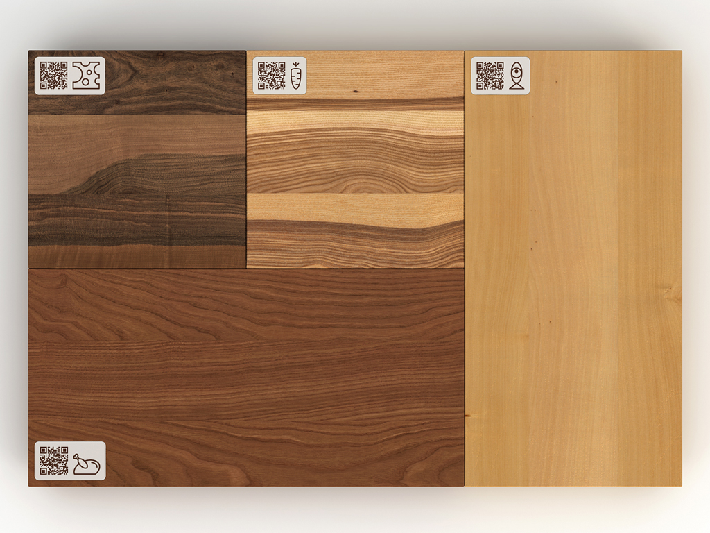 Cut&Connect, della collezione Cook&Connect. Disegnato da Studio Lievito e realizzato da Officinanove. Tagliere in legno composto da quattro moduli dedicati alla lavorazione di differenti alimenti: frassino per la carne; rovere per il pesce; noce canaletto per le verdure e niangon per i formaggi.