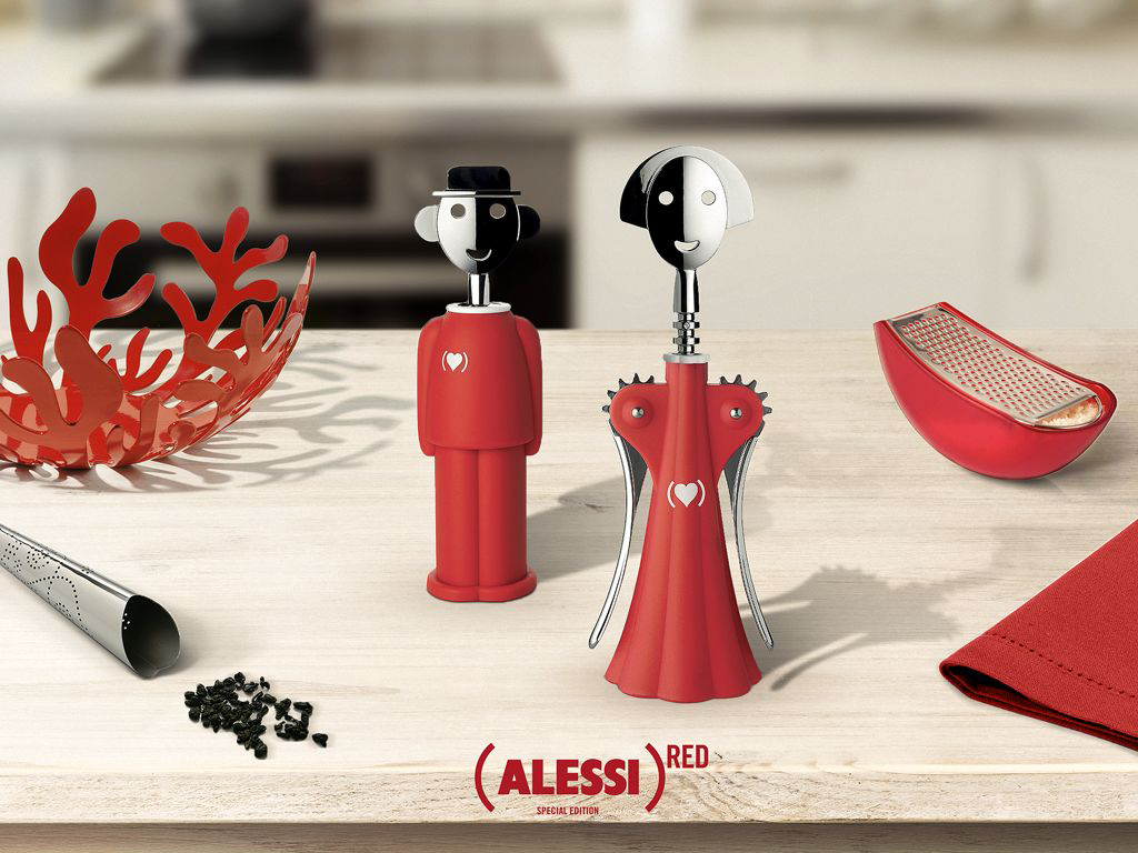 Alessi e RED. Cavatappi, Alessandro M. e Anna G. - Special Edition - in resina termoplastica e zama cromata, rosso. Designer Alessandro Medini e Susan Cohn.