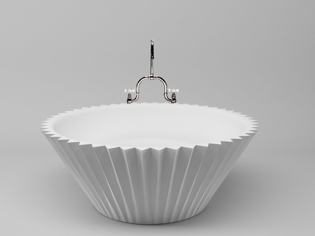 Park Avenue. Linea Junior. Vasca Cake. Un bagno davvero esclusivo ed unico è quello che Park Avenue dedica ai bambini e solamente a loro. Una vasca forma di delizioso pirottino per muffin, pura nelle forme e mossa dalla plissettatura dell'esterno, è bianca ed ha il gruppo vasca con doccia esterno in acciaio cromato. I pomellini dei rubinetti sono a forma di caramella. Design: Paolo Funghi Architetto.