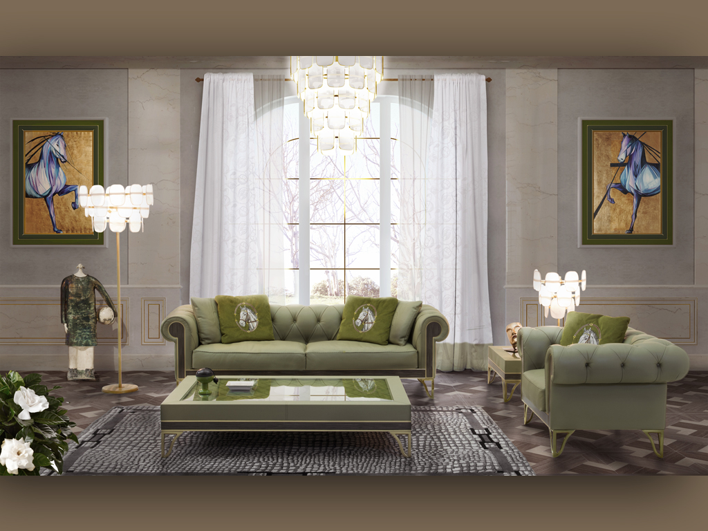 Formitalia. Granada, sofà e poltrona. Rivestimento in pelle Vogue Jade. Struttura in rovere grigio semilucido con inserti in metallo dorato opaco.