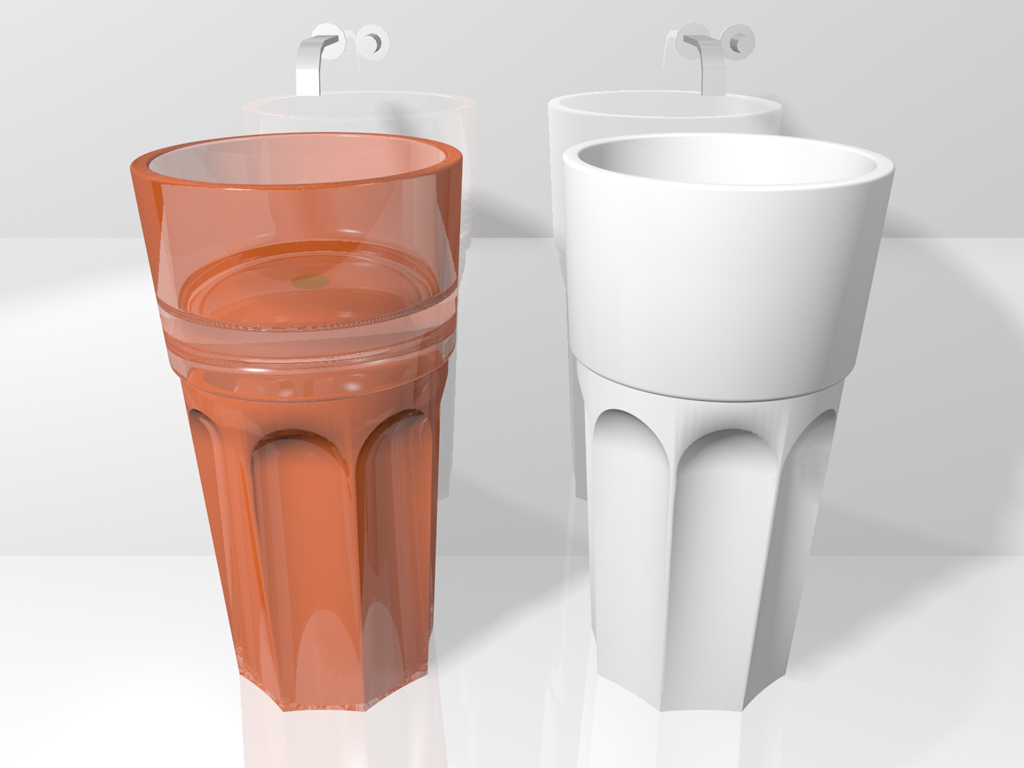 Regia. Lavabo freestanding Spritz in vetroghiaccio®. Disegnato da Bruna Rapisarda. Forma ironica ed originale che ricorda il tipico bicchiere ottagonale da cocktail.