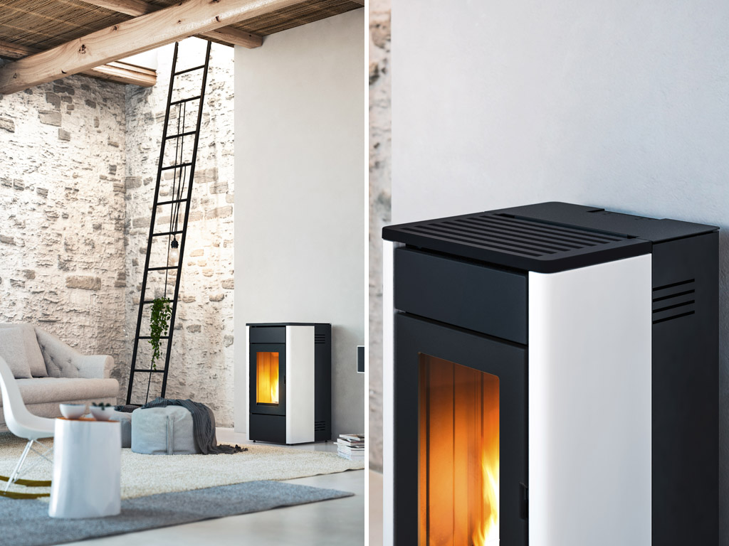 MCZ. Stufa a pellet AMY, ideale per riscaldare piccoli ambienti. Finiture: white, silver, dark e bordeaux. | Potenza: 6,3 kW/h. Rendimento (min/max): 90,3%/92,1%. Volume riscaldabile: 155m³. Dimensione corpo (LxHxP): 46x90x48 cm.