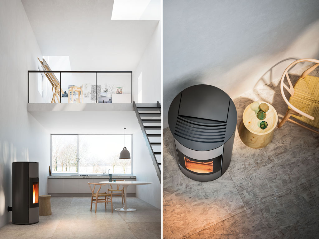 MCZ. Stufa a pellet a ventilazione forzata, HALO. Finiture: aluminium, silver, black e bordeaux. | Potenza: 8 kW/h. Rendimento (min/max): 90,3%/92,1%. Volume riscaldabile: 196m³. Dimensione corpo (LxHxP): 52x120x52 cm.