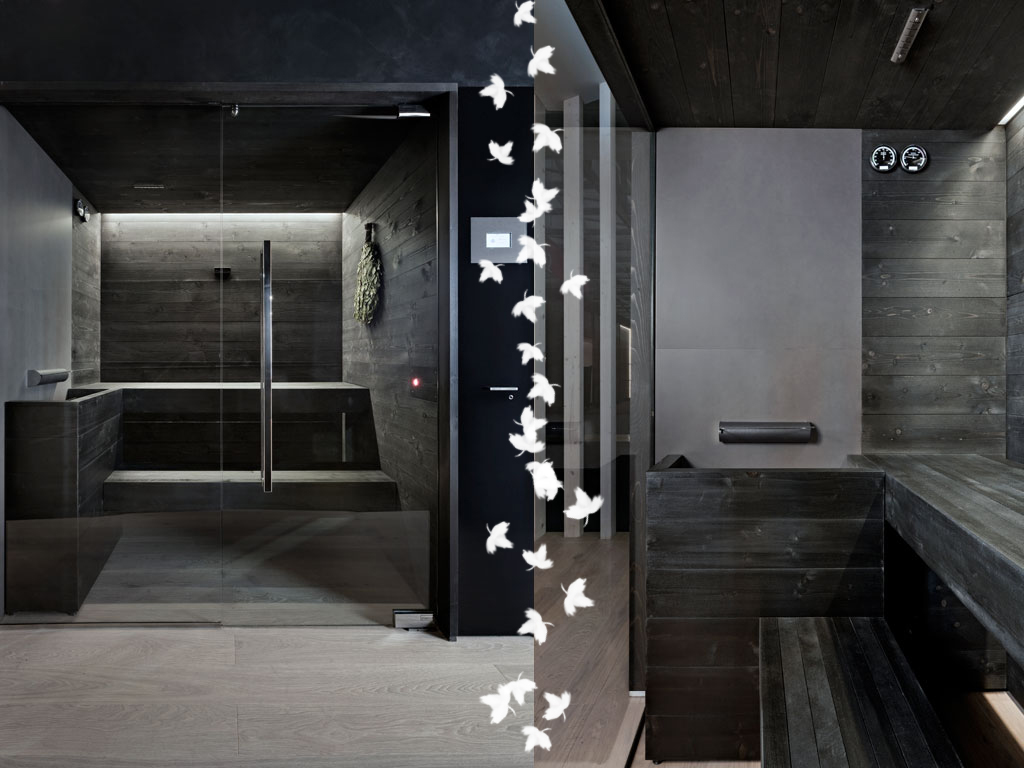 Starpool. SoulCollection. SoulSauna. Design Cristiano Mino. Inedito rivestimento delle pareti in abete nero, tono su tono, con la panca. Tutto è calibrato con l’uso sapiente della luce Led. Disponibile anche in abete naturale.