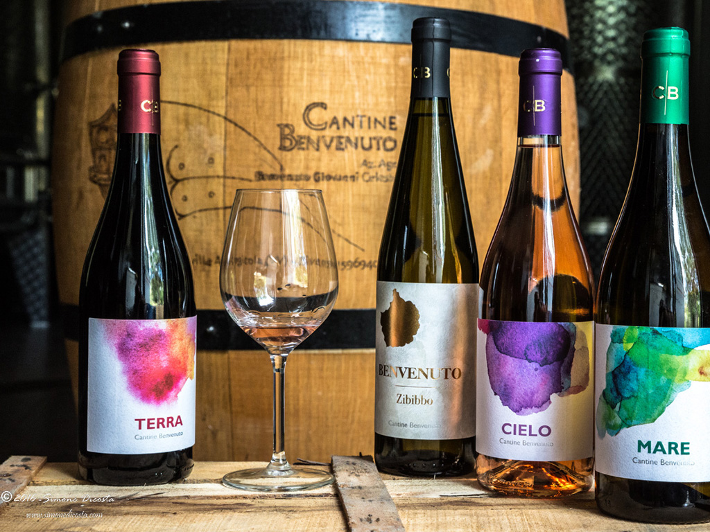 Cantine Benvenuto. Vini dalla forte personalità: Cielo, vino rosato IGP uve Calabrese; Mare, vino bianco IGP, uve Zibibbo e Malvasia; Terra, vino rosso IGP, uve Greco Nero e Magliocco; Benvenuto, zibibbo IGP, uve Zibibbo.