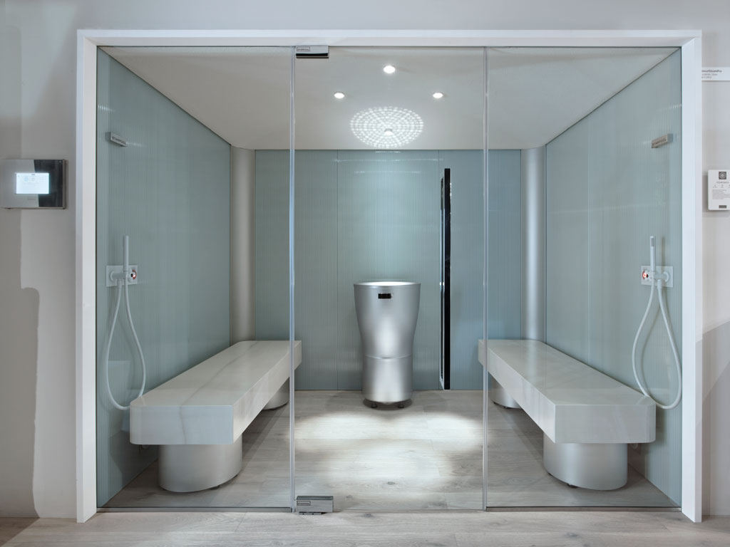 Starpool. GlamourSteamPro. Caratteristiche tecniche. Rivestimenti: Ecostone White/Ecostone Black Optical White/Optical Black (lastra unica in Cristallo cannettato). Da 4 a 16 persone. Da 195L x 195P x 230H a 375L x 375P x 252H.