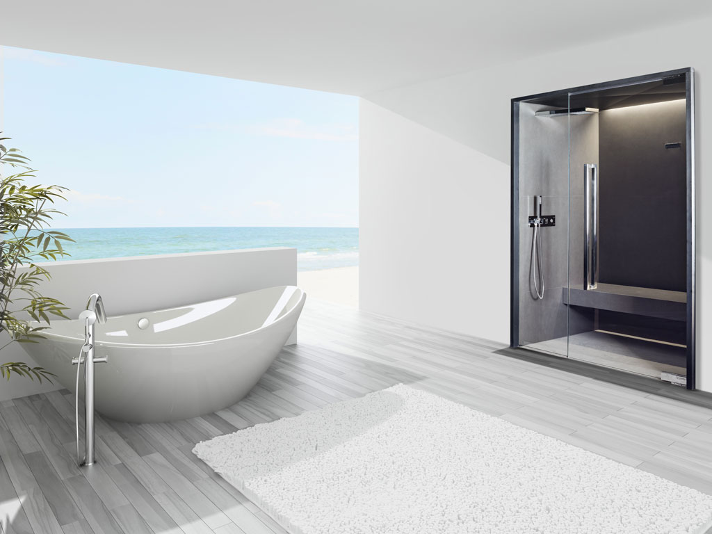 Starpool. SoulCollection. SoulSteam. Design Cristiano Mino. Bagno di vapore e cascata d’acqua. Il rivestimento in ceramica, dal particolare effetto velluto, nei colori caldi dell’avorio (nell’immagine) e dell’antracite, rimanda un ambiente caldo e accogliente. Disponibile: Grey Matt (ceramica grigio antracite) e White Matt (ceramica bianco avorio per il rivestimento di panche e pareti).