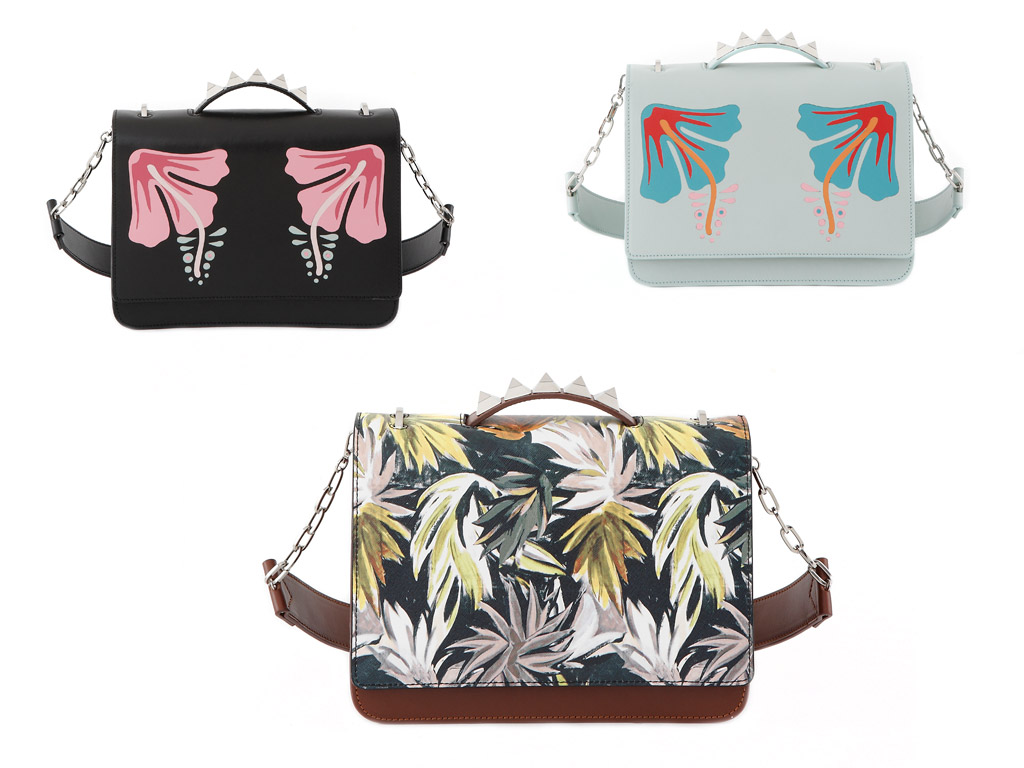 Salar Milano. Collezione Primavera/Estate 2017. Modelli LULLA MAUI e LULLA TROPICAL. Lulla Maui nei colori fondo nero e acqua marina e Lulla Tropical con pattern di foglie. Match di pelle di vitello e suede (dimensione: H20xL26xW10).