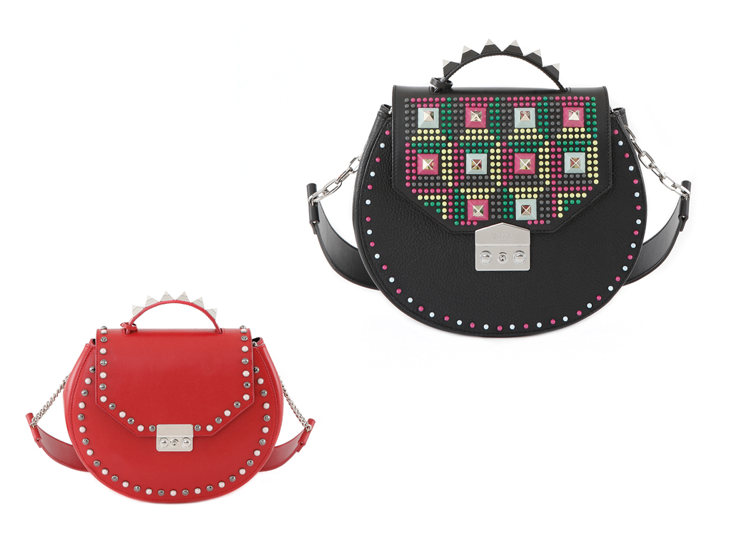 Salar Milano. Collezione Primavera/Estate 2017. Modelli EVA RING, in rosso e EVA POP. Match di pelle di vitello e suede (dimensione: H22xL27xW8,5).