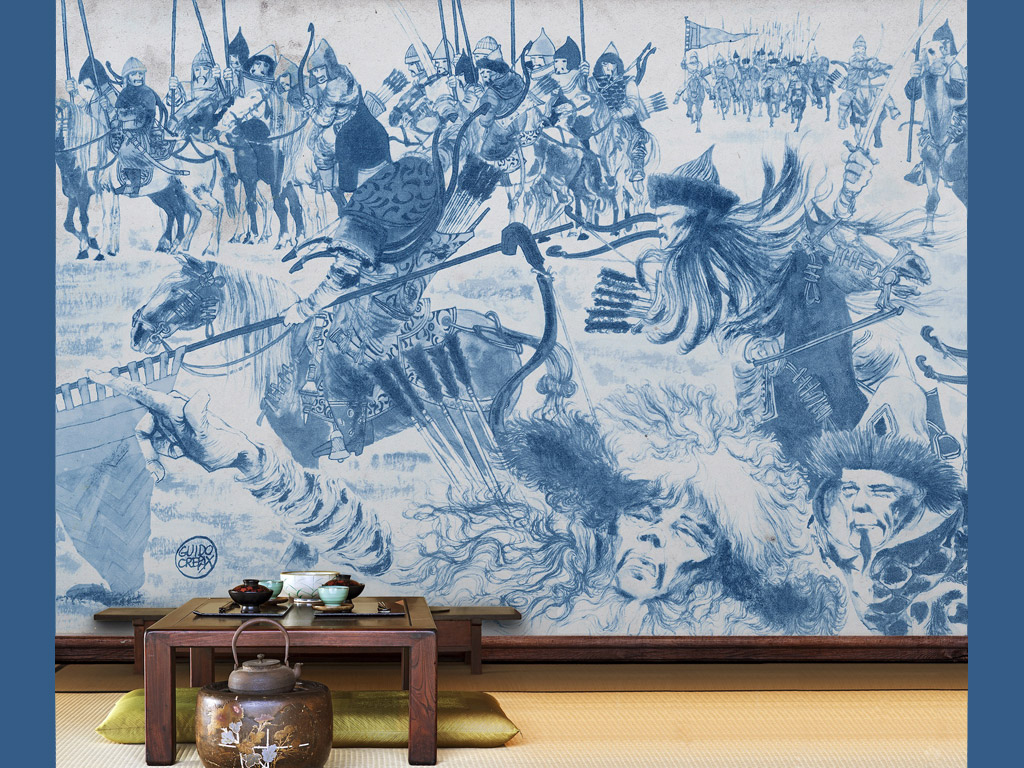 Wallpepper®. “Blue China”. Affreschi di battaglie e schizzi di città storiche accompagnano le grafiche dove è protagonista Valentina, l’eroina disegnata da Guido Crepax. Molte delle sue opere sono entrate nel catalogo Wallpepper® “Fine-Art”, progetto grazie al quale il brand si propone come nuovo mezzo di diffusione di immagini autoriali.