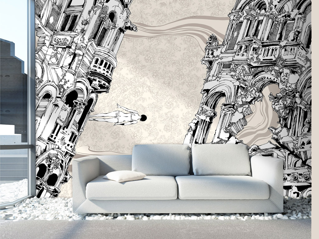Wallpepper®. “La forza di gravità”. Valentina vince la forza di gravità e cammina leggera tra palazzi storici. Un’opera di Guido Crepax che fa parte del catalogo Wallpepper® “Fine-Art”.