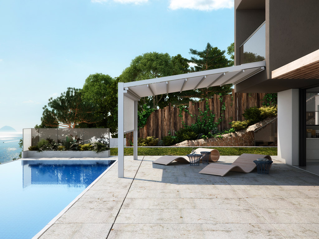 Pratic. “Fusion”, bellissima nella sua essenzialità. I profili di 6x12 cm sono studiati per raggiungere sviluppi di 650 cm di profondità. Per una totale copertura i profili frontali possono contenere la tenda verticale Raso, mentre le strutture possono essere completate con le chiusure laterali Windy.