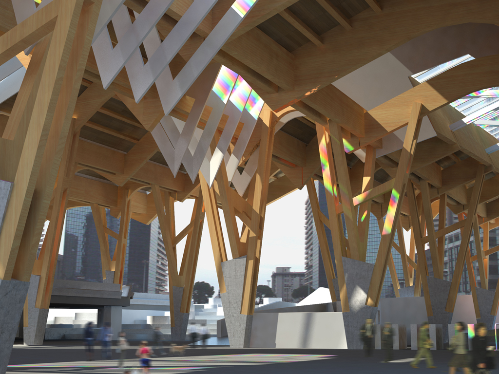 Studio Miralles Tagliabue EMBT. Progetto per una stazione metropolitana a Napoli. L’area comprende un Centro Direzionale con edifici che risalgono agli anni ’70. Image courtesy by EMBT