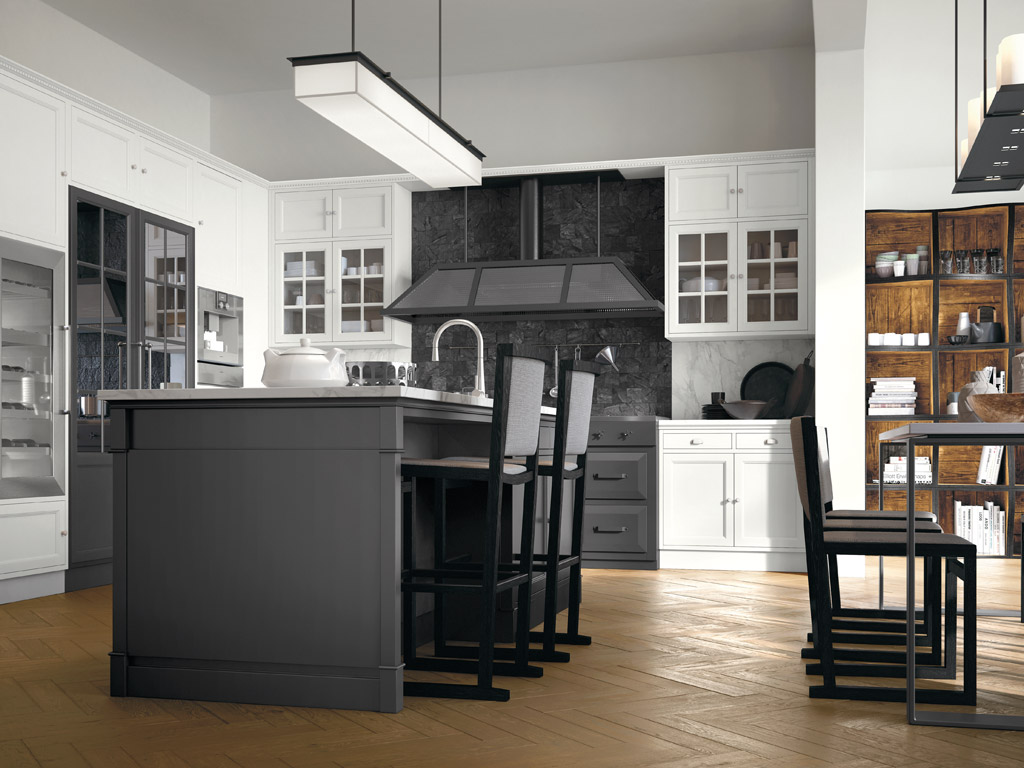 Marchi Cucine. Collezione Gusto Italiano. La linea Artis è un connubio tra presente e passato. Il gioco di contrasti cromatico e materico, infonde all’ambiente un’atmosfera elegante e di classe. Le ante a specchio nascondo il frigo ampliando lo spazio della cucina. La cappa in metallo e vetro lavorato, vero gioiello di design, smorza il ritmo compositivo del piano cottura in acciaio.