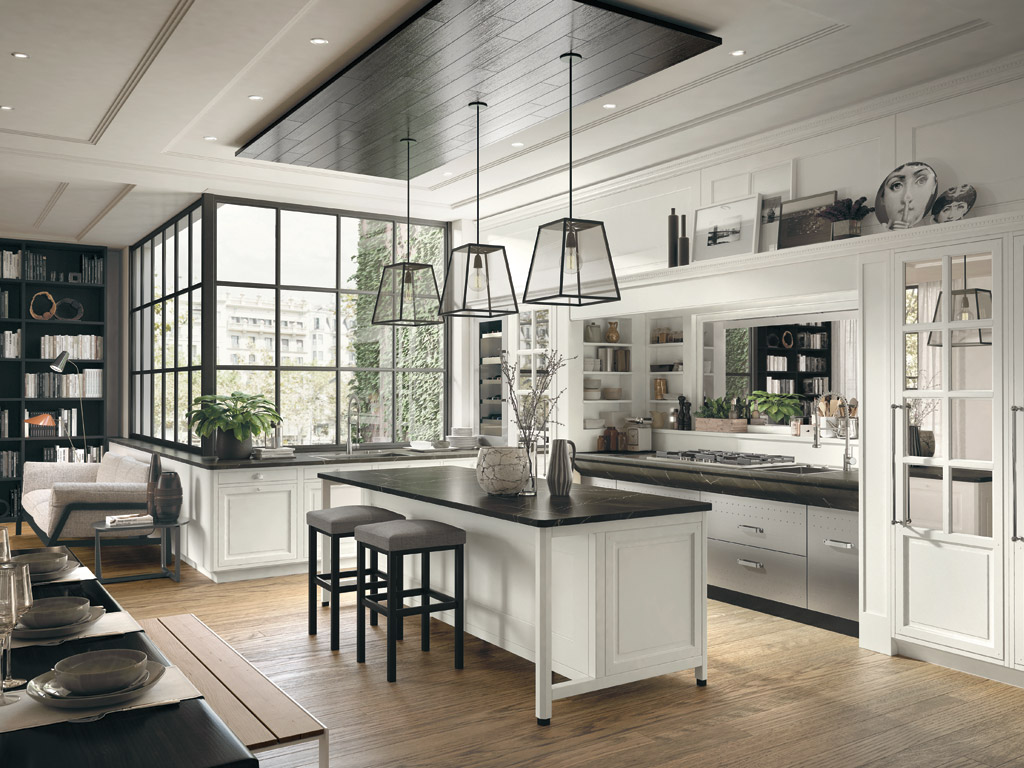 Marchi Cucine. Collezione Gusto Italiano. La cucina Bellagio s’ispira ad uno stile classico e ad un’eleganza mai sfarzosa. La scelta del bianco riscalda l’ambiente con raffinatezza e, anche se dominante, si interrompe con il nero del marmo Marquinia che riveste il top del bancone e della nicchia.