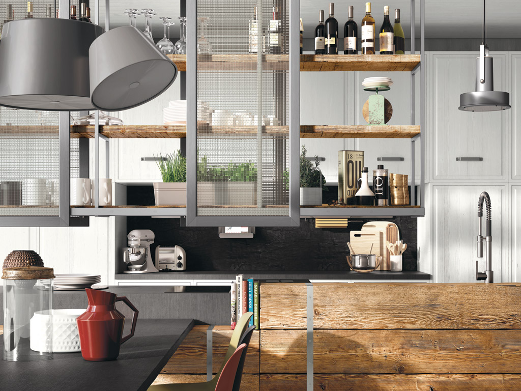 Marchi Cucine. Collezione Gusto Italiano. Il modello Brera 76. Nell’immagine la versione con i pensili fissati al solaio. Le altre varianti sono in appoggio sulle basi della cucina e a fianco la versione a terra.
