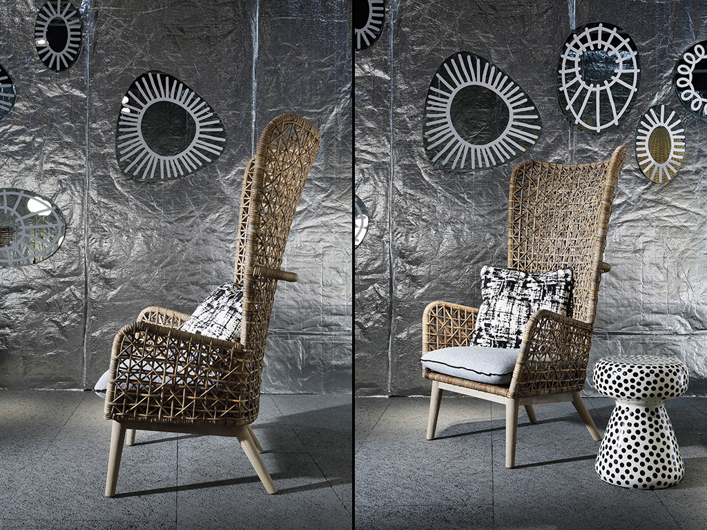 Gervasoni. “INOUT 630” è una classica bergère con struttura in alluminio intrecciata a mano in kubu rattan naturale e piedi in teak invecchiato. Con rivestimenti sfoderatili e cuscino schienale 50x50 cm.