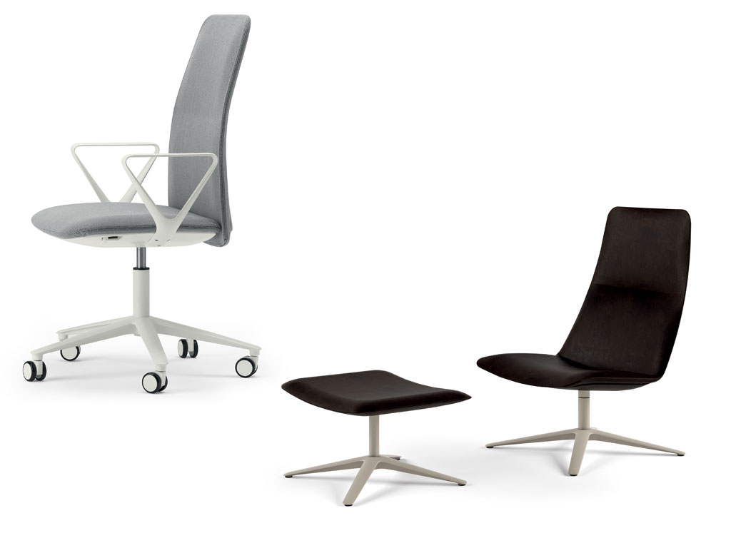 Alias. Il duo britannico PearsonLloyd ha disegnato la collezione di sedute da lavoro Slim. Linee leggere e filanti, profili sottili ed imbottiture con bordi morbidi e allungati. Nell'immagine la Slim loung high and ottoman e la Slim Task 801. Alla collezione si è aggiunto Slim pouf dotato di base a quattro razze.