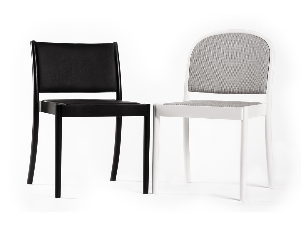 Gebrüder Thonet Vienna GTV. Due sedie sorelle, Ann e Suu firmate da Gabriele e Oscar Buratti, impilabili, dal disegno attuale e dalle proporzioni ricercate in continuità con la tradizione delle sedute dell’azienda.