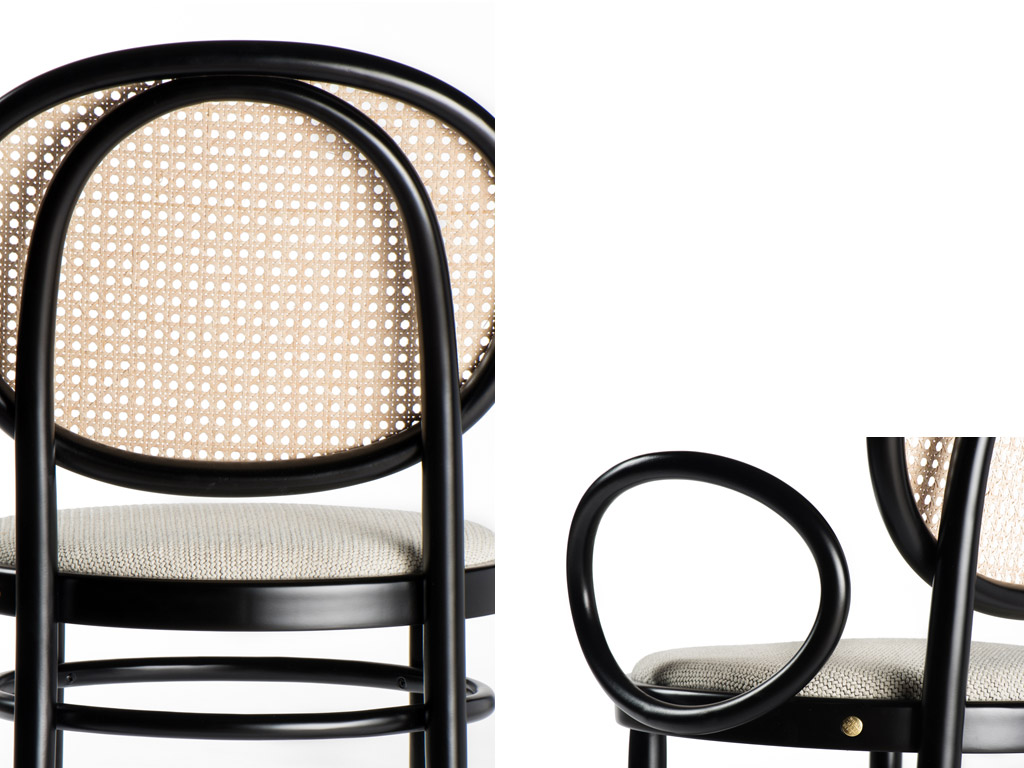 Gebrüder Thonet Vienna GTV. CHAIR N.0, design Front. Particolari della seduta. Il cerchio utilizzato come segno geometrico per lo schienale, la seduta e il bracciolo.