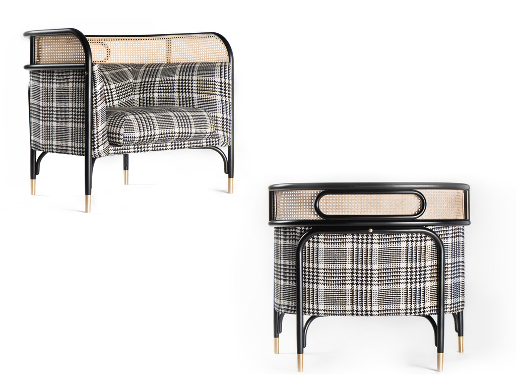 Gebrüder Thonet Vienna GTV. La collezione di imbottiti Targa dei GamFratesi fa parte dei best seller dell’azienda. La struttura in faggio curvato sostiene l’ampio cuscino della seduta e lo schienale imbottito termina con un bordo realizzato in paglia di Vienna in cui si inserisce l’elemento ellissoidale, la targa, che dà il nome al progetto. La Novità 2017 sono i piedini in ottone.