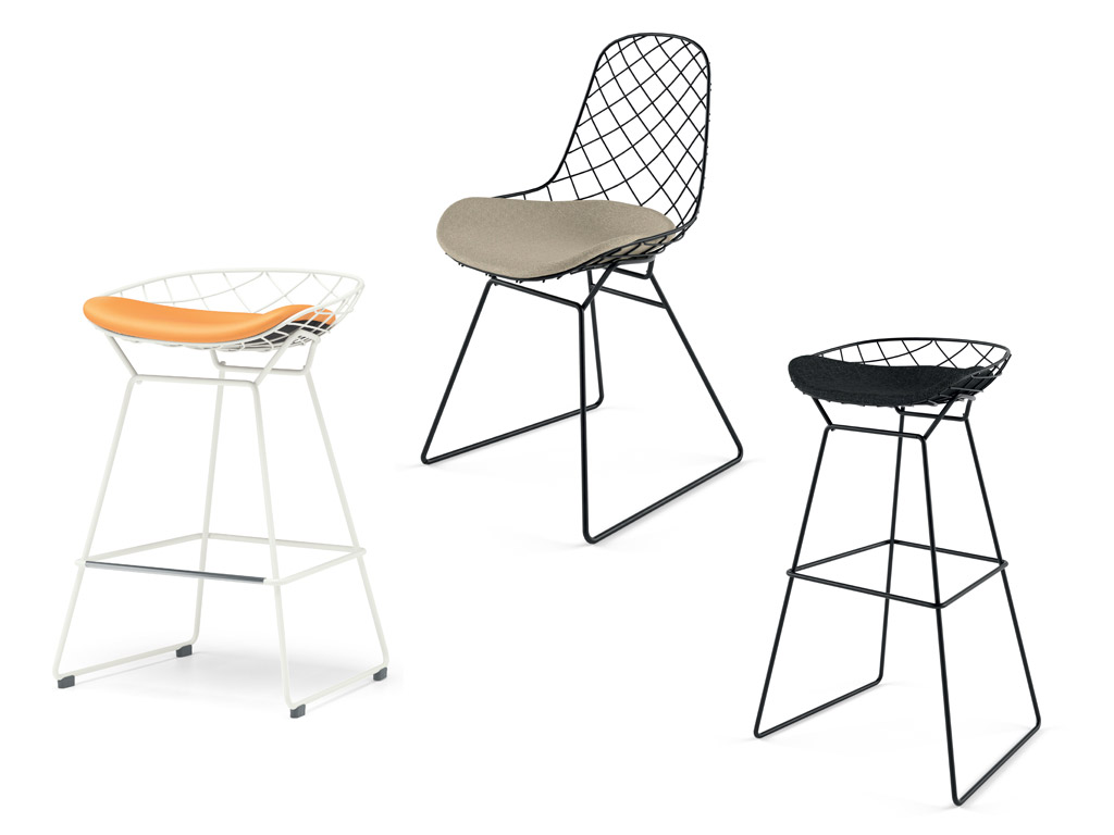 Alias. La collezione di sedute Kobi collection, disegnata da Patrick Nourget, si allarga con l’introduzione di due nuovi modelli: kobi sledge con scocca composta da seduta e schienale e lo sgabello kobi stool, disponibile in due altezze con scocca seduta. Tutta la collezione s’ispira alla tradizione delle sedie in filo di ferro, con seduta ad intrecci in tondino d’acciaio saldato fissati alla struttura a slitta. Completano i cuscini modellati alla seduta. Nell'immagine la kobi sledge, la kobi high stool e la kobi medium stool.