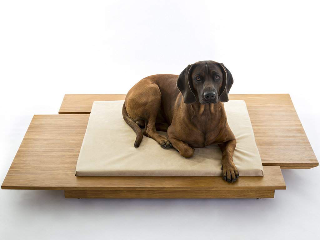 Brandodesign. Mira, lettino per cani con doghe in legno massello ad incastro con morbido Futon.