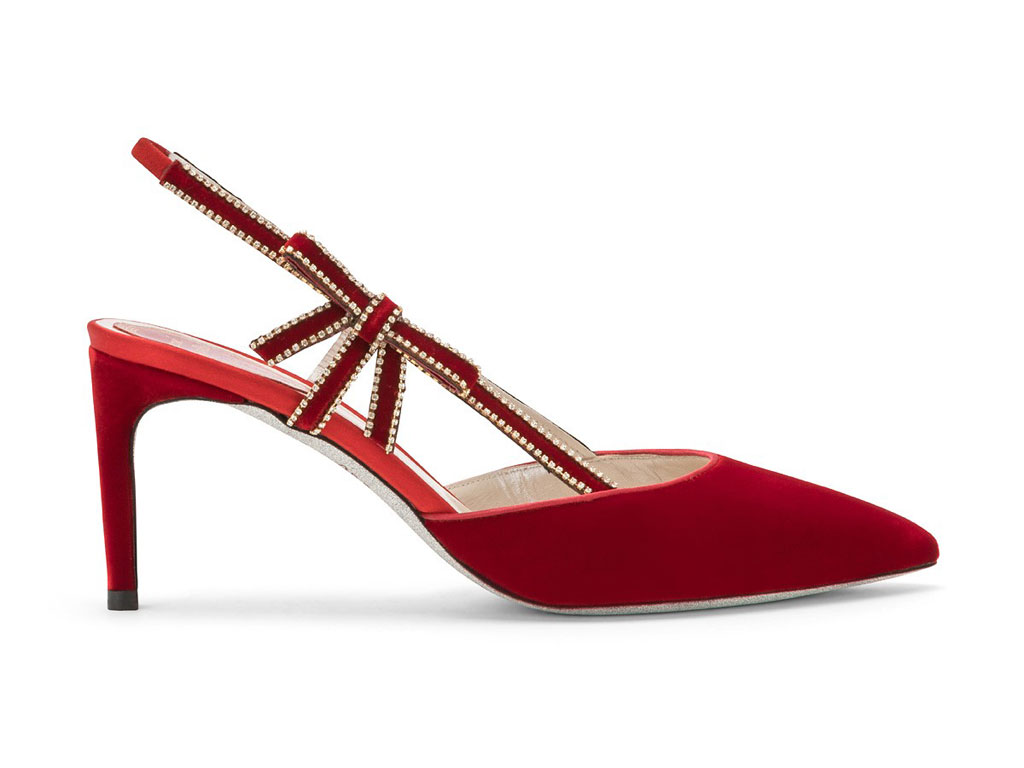 René Caovilla. Decollété con punta affusolata in velluto rosso con tacco midi a stiletto e suola glitter. Fall/Winter 2017-2018. Collezione Autunno/Inverno 2017-2018.