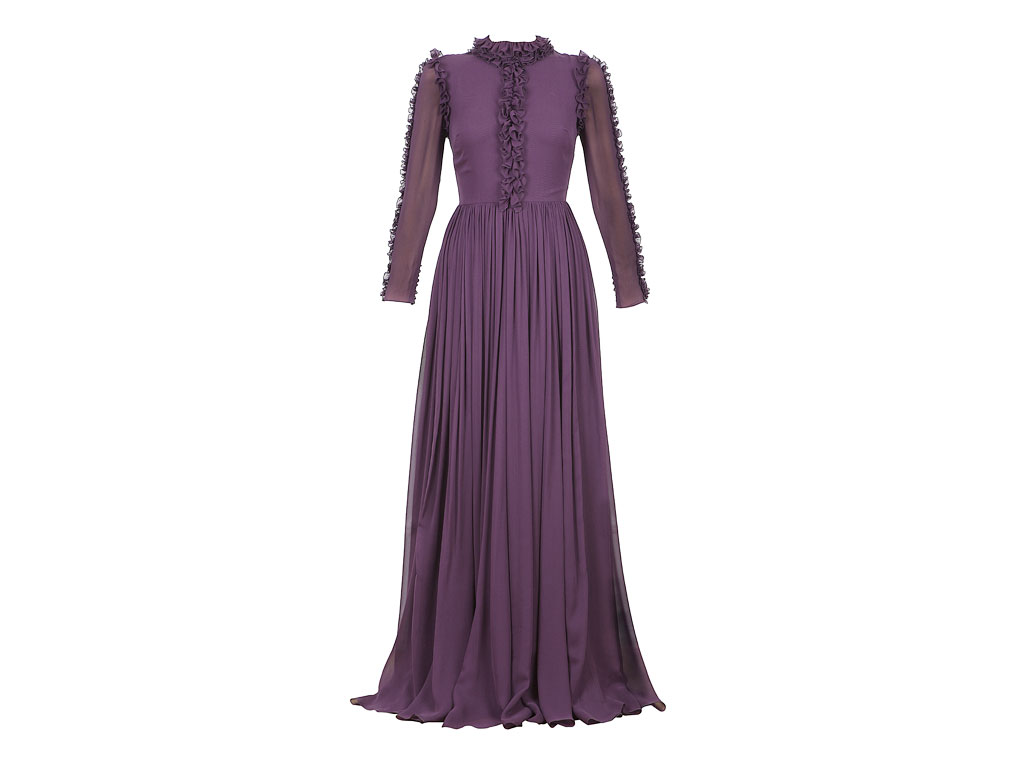 Vladimiro Gioia. Lungo abito in chiffon di seta con micro volant e gonna arricciata. Collezione Autunno/Inverno 2017-2018. Fall/Winter 2017-2018 Collection.