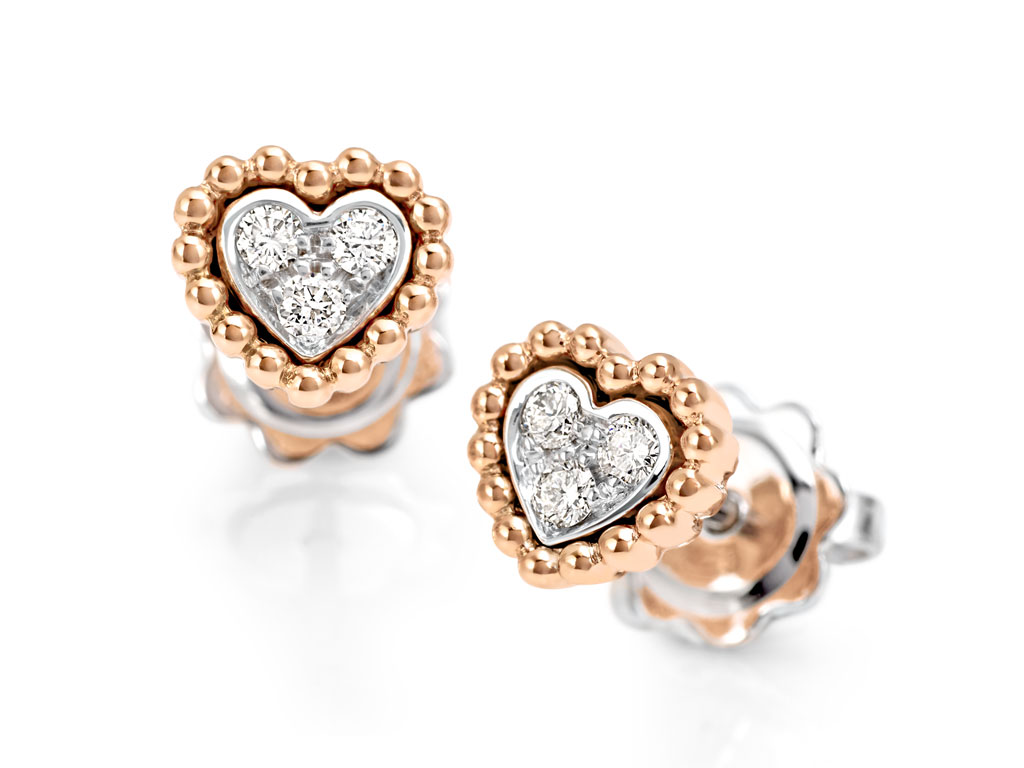Giorgio Visconti. Collezione Aria, orecchini in oro rosa e brillanti a forma di cuore. Collezione primavera/estate 2018. Spring/Summer 2018 Collection.