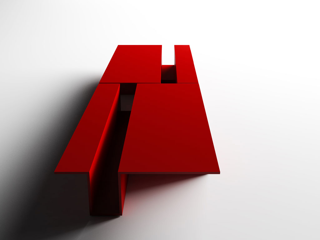 Living Divani. “Grek” è un imponente piano d’appoggio in MDF solcato da una fessura centrale che può fungere da portariviste o contenitore per oggetti, nascondendo sotto la superficie in oggetto un capiente cassetto. Design Oscar & Gabriele Buratti.