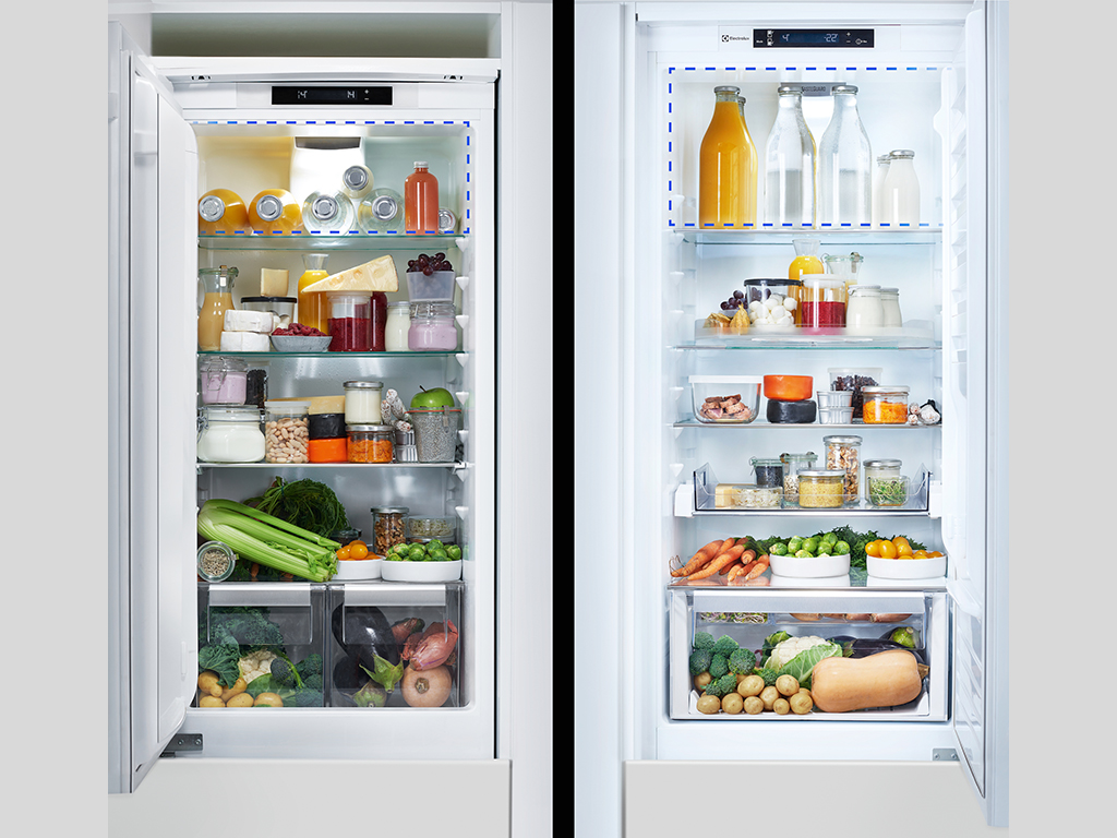 Electrolux. Un esempio di come va organizzato un frigorifero (l’immagine a destra mostra il modo corretto). I frigocongelatori Electrolux sono dotati dell’innovativa tecnologia TwinTech®, che separa la circolazione di aria tra il vano frigorifero e il congelatore. Avere due sistemi di raffreddamento indipendenti offre le condizioni ottimali di conservazione per ogni vano, garantendo la giusta temperatura e umidità, preservando gusti, sapori e proprietà nutritive. Grazie alla ventilazione separata, inoltre, non avviene scambio di odori tra gli alimenti riposti nel frigo e nel congelatore.