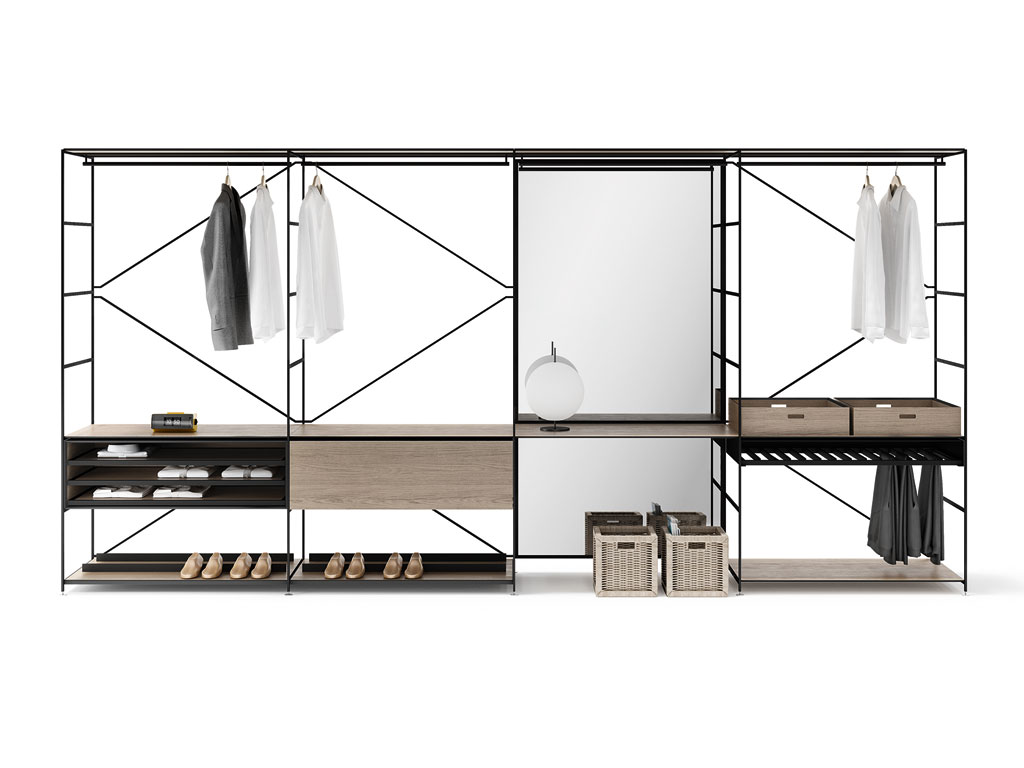 MA.U Studio. Il sistema “R.I.G. Modules - Wardrobe” progettato da Mikal Harrsen è stato messo a punto per comporsi, con accessori specifici, in ogni area della casa. Da assemblare a piacere secondo principi estetici e/o funzionali può vivere all’interno di un armadio o in uno spazio aperto.