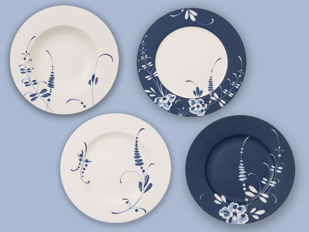 Villeroy & Boch. Decoro blu su fondo bianco e viceversa per la collezione “Vieux Luxembourg Brindille”.