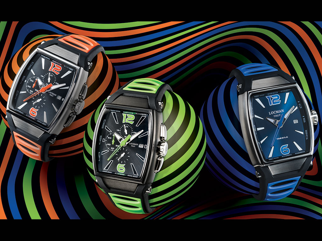 Locman Orologi. Tremila, il modello novità per l’estate 2018. La collezione resa ancor più vivace dai colori accesi delle finiture del quadrante e dei morbidissimi cinturini in silicone ipoallergenico, con tonalità che vanno dal verde fluo, al blu, giallo fino al tipico arancione della casa madre. La cassa bombata a forma tonneau, in acciaio satinato con dettagli lucidi oppure in acciaio satinato con rivestimento in pvd nero o blu, è impermeabile fino a 100 metri e racchiude un movimento meccanico automatico elaborato dalla Scuola Italiana di Orologeria, reso visibile da un oblò di cristallo sul fondo in titanio, oppure un meccanismo cronografo o solo tempo al quarzo.