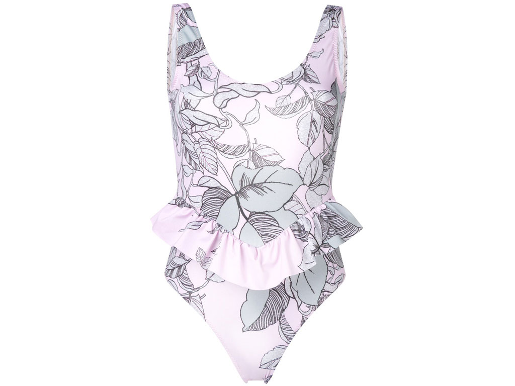 Nos Beachwear su Farfetech.com. Costume intero floreale di colore rosa chiaro e grigio con balza alla vita.